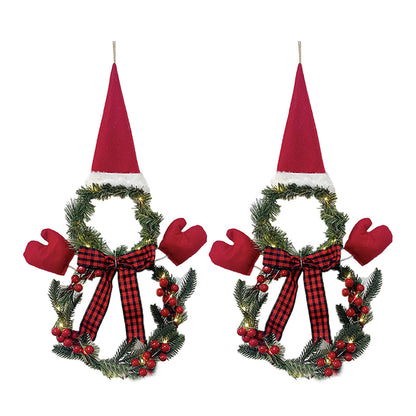 2Pcs Christmas Wreath Door Decoration LED Snowman Shape Wreath with Hat and Bow Home Christmas Decor