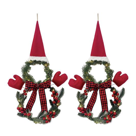 2Pcs Christmas Wreath Door Decoration LED Snowman Shape Wreath with Hat and Bow Home Christmas Decor