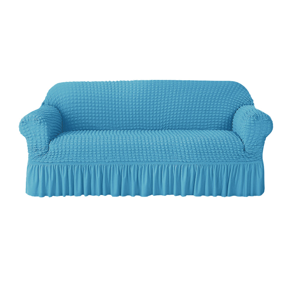 Seersucker Couch Cover with Ruffle Hemline Stretch Sofa Cover -Blue