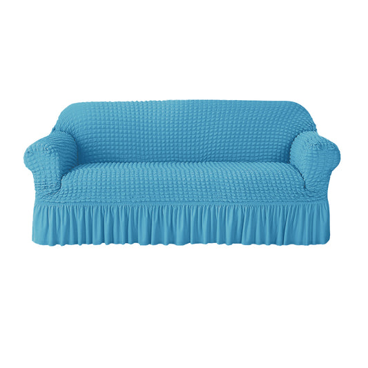 Seersucker Couch Cover with Ruffle Hemline Stretch Sofa Cover -Blue