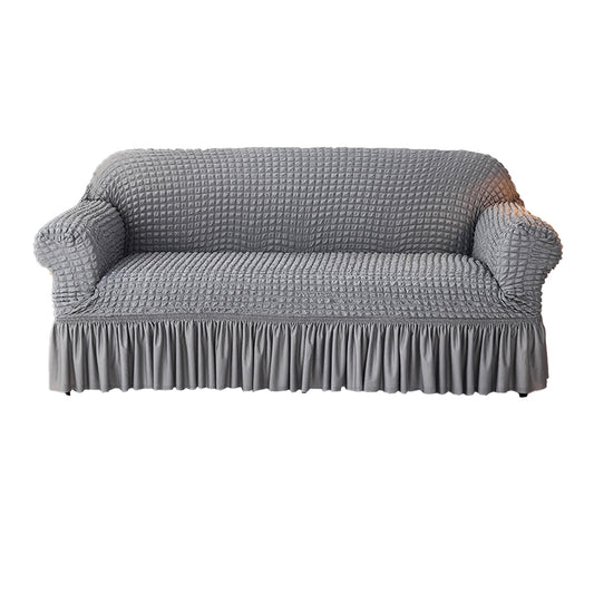 Seersucker Couch Cover with Ruffle Hemline Stretch Sofa Cover -Grey