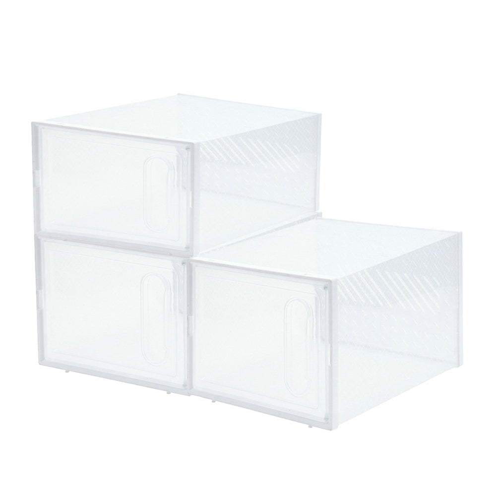 4Pcs Stackable Shoe Storage Boxes with Magnetic Door Clear Plastic Sneaker Organizer White