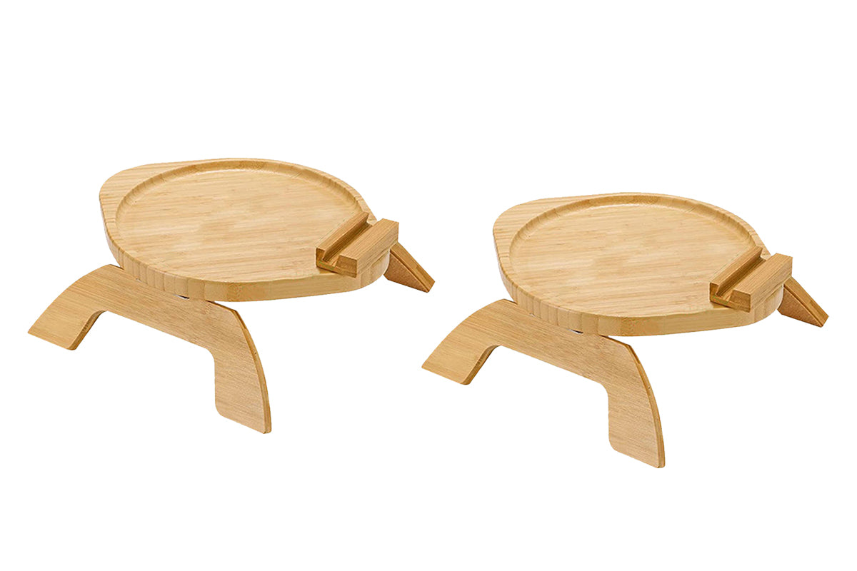 2pcs Bamboo Foldable Clip On Sofa Armrest Tray with Phone Holder-Round