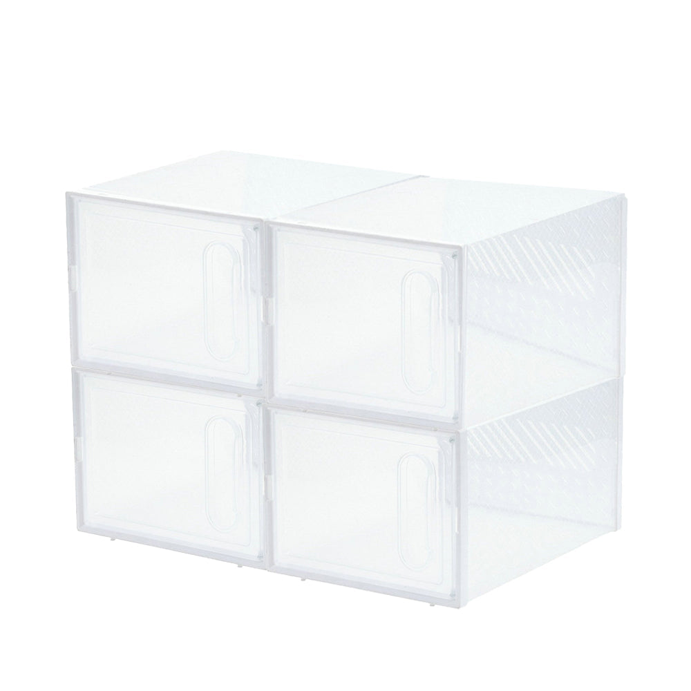 4Pcs Stackable Shoe Storage Boxes with Magnetic Door Clear Plastic Sneaker Organizer White