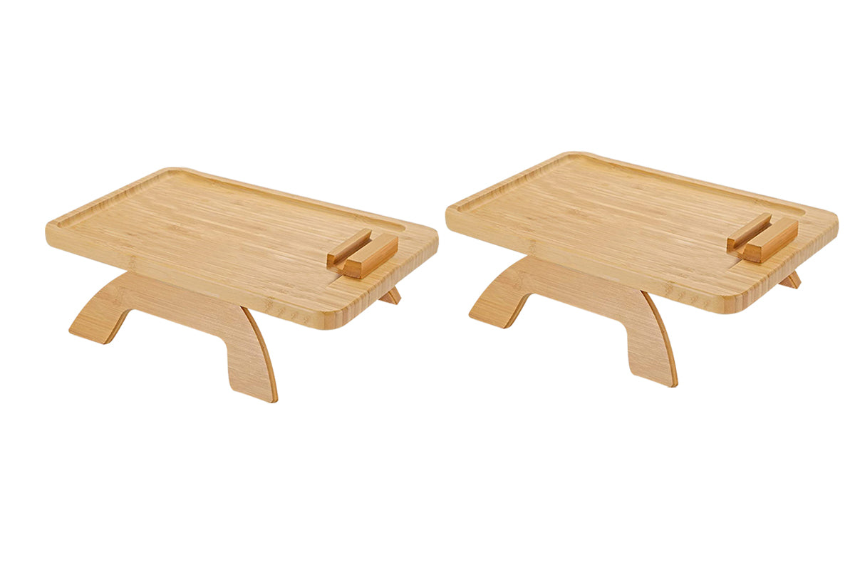 2pcs Bamboo Foldable Clip On Sofa Armrest Tray with Phone Holder-Rectangular