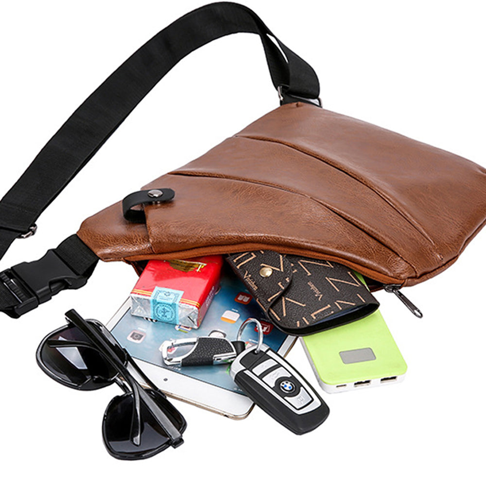 Anti-theft Sling Chest Pack for Men PU Leather Crossbody Shoulder Bag Brown