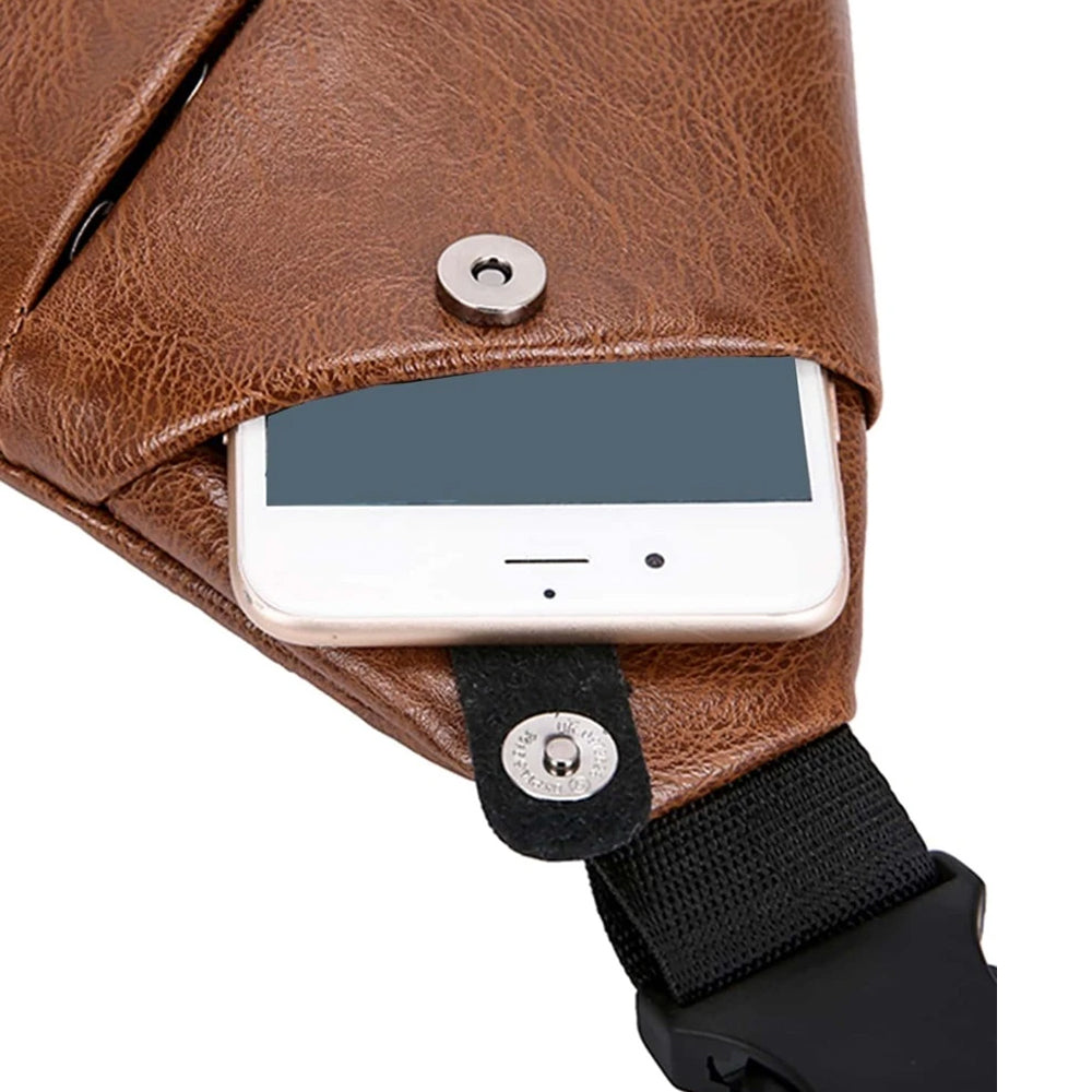 Anti-theft Sling Chest Pack for Men PU Leather Crossbody Shoulder Bag Brown