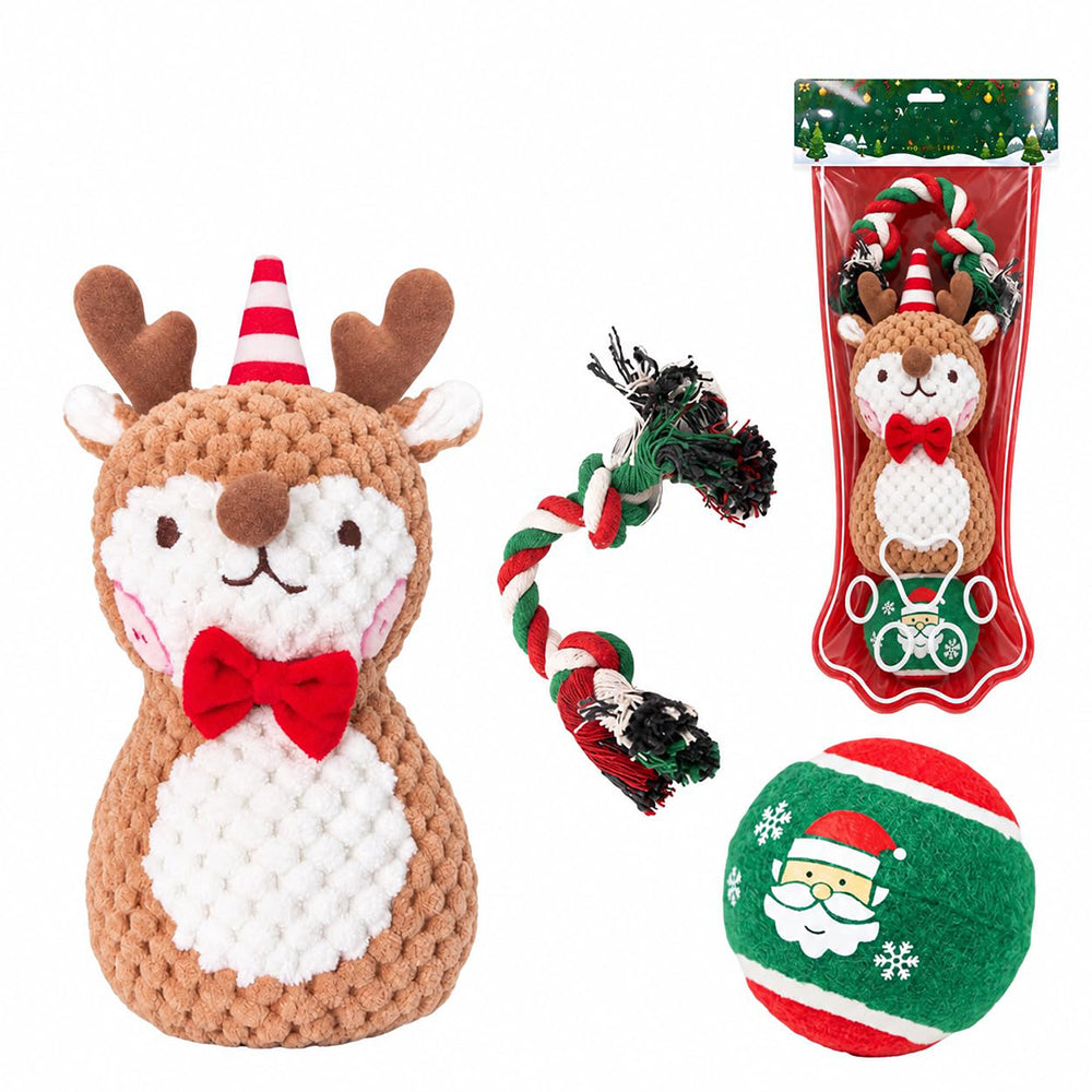 3 Pack Christmas Pet Squeaky Toy Gift with Plush Ball and Chew Rope - Deer