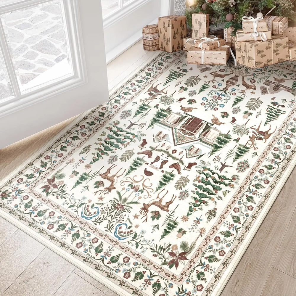 Vintage Christmas Crystal Velvet Area Rug Non-Slip Living Room Floor Mat - White