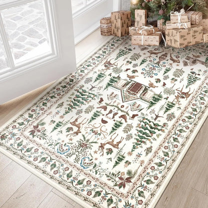Vintage Christmas Crystal Velvet Area Rug Non-Slip Living Room Floor Mat - White
