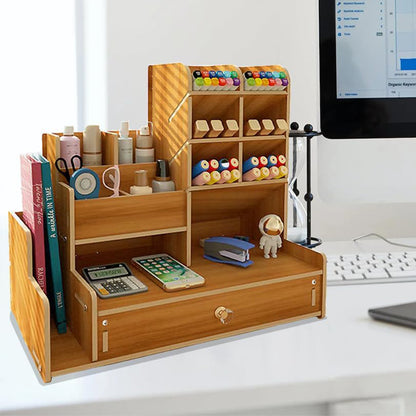 6 Compartment Wooden Desk Organizer with Drawers Art Supplies Storage Desktop Stationary-Khaki