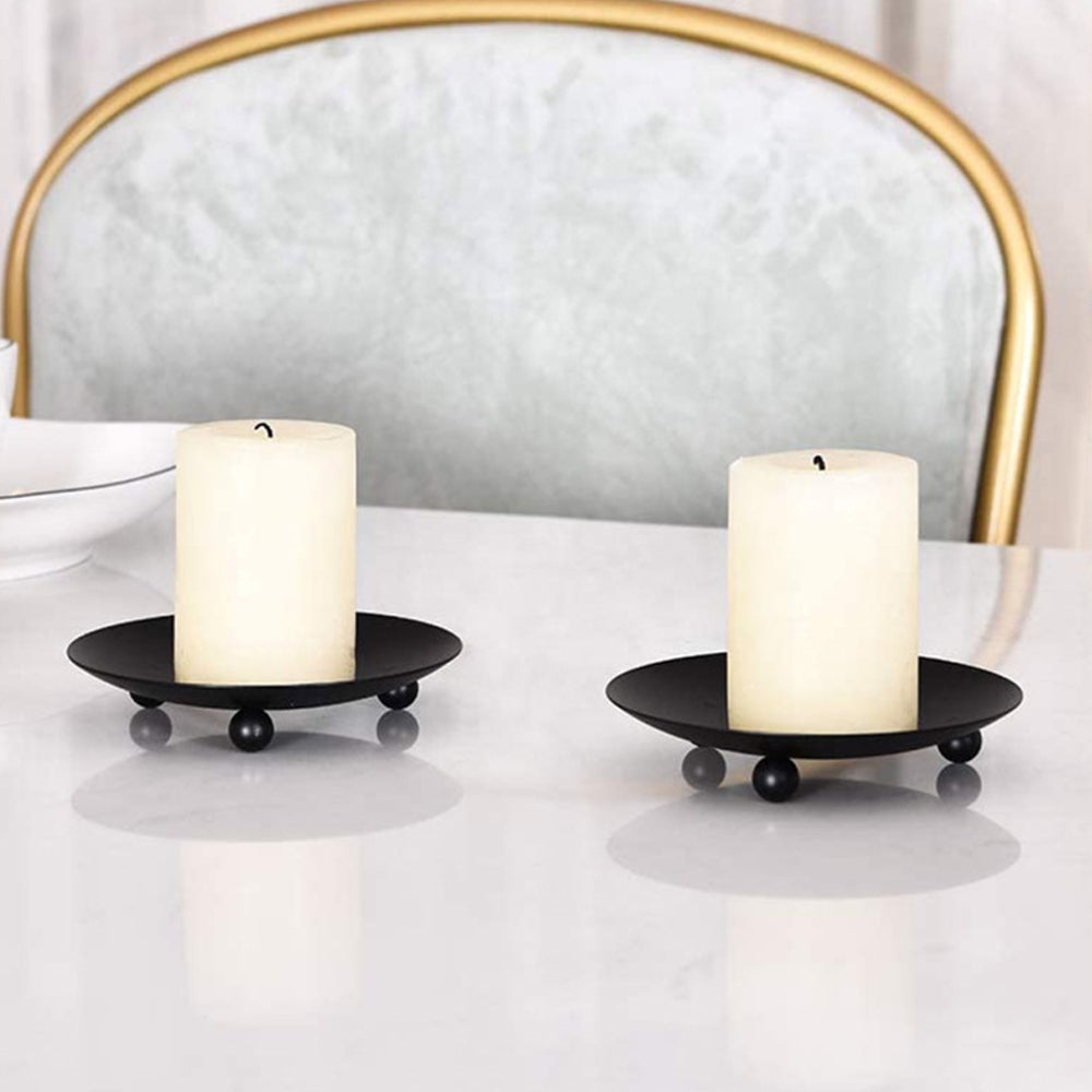 2Pcs Black Iron Plate Candle Holder Decorative Iron Pillar Candle Plate Candle Stand