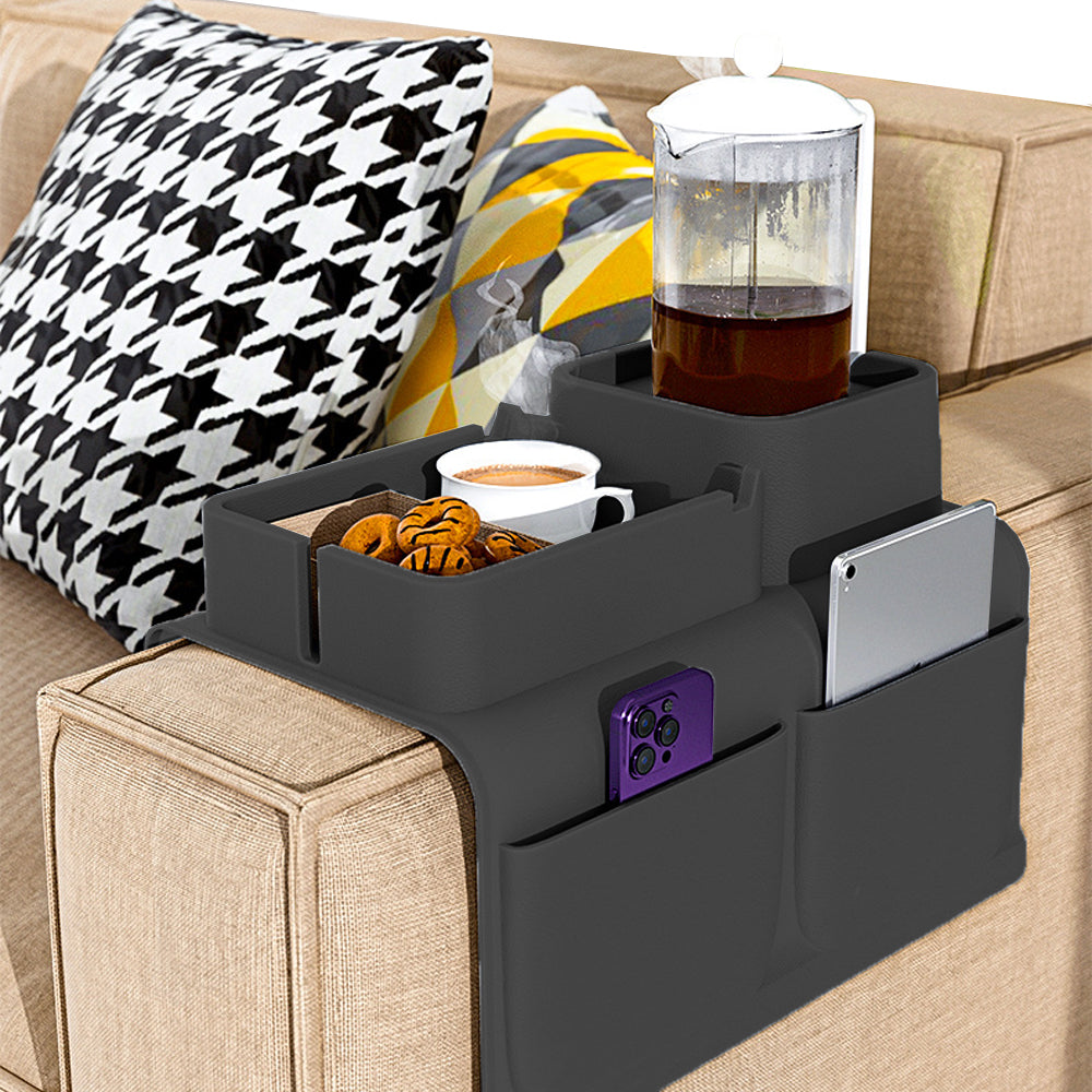 Couch Cup Holder Tray Sofa Armrest Tray with Drink Holder Side Pockets Black