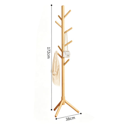 Solid Wood Freestanding Coat Rack with 8 Hooks Tripod Base for Bedroom Entryway-Natural Wood