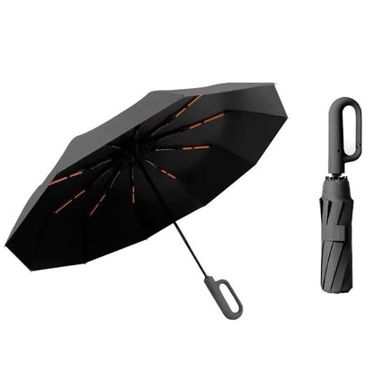 Auto Open Close Folding Umbrella Carabiner Handle Sun Shade Rain Umbrella Black