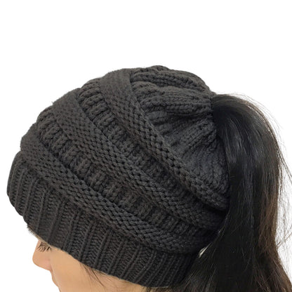 Winter Cable Knit Ponytail Beanie High Bun Crochet Hat - Grey