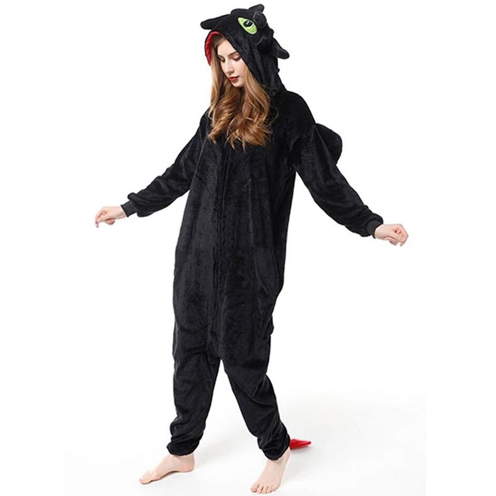 Adult Onesie Hoodie Animal Costume Pajamas Winter One-Piece Cosplay Sleepwear Black