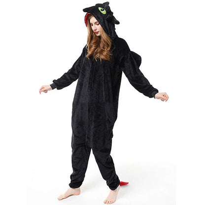 Adult Onesie Hoodie Animal Costume Pajamas Winter One-Piece Cosplay Sleepwear Black