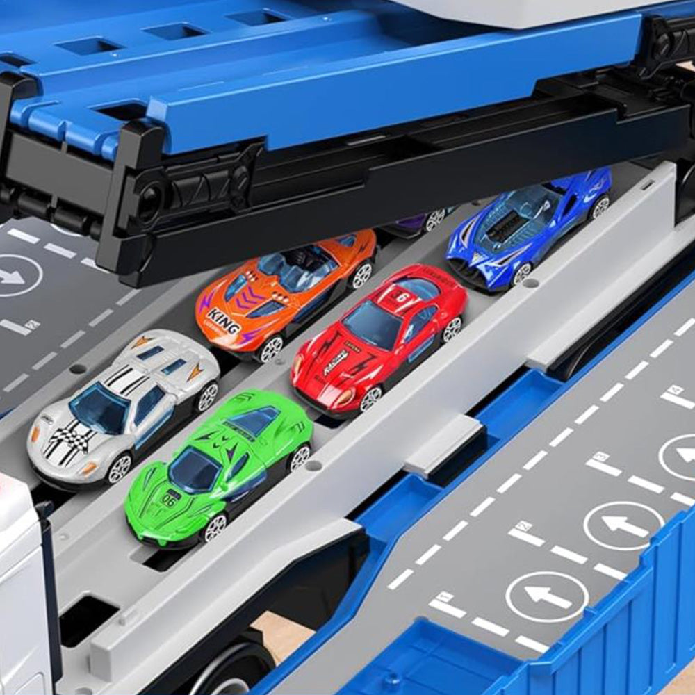 Transform Carrier Truck Race Track Toys with 8 Mini Race Cars Blue