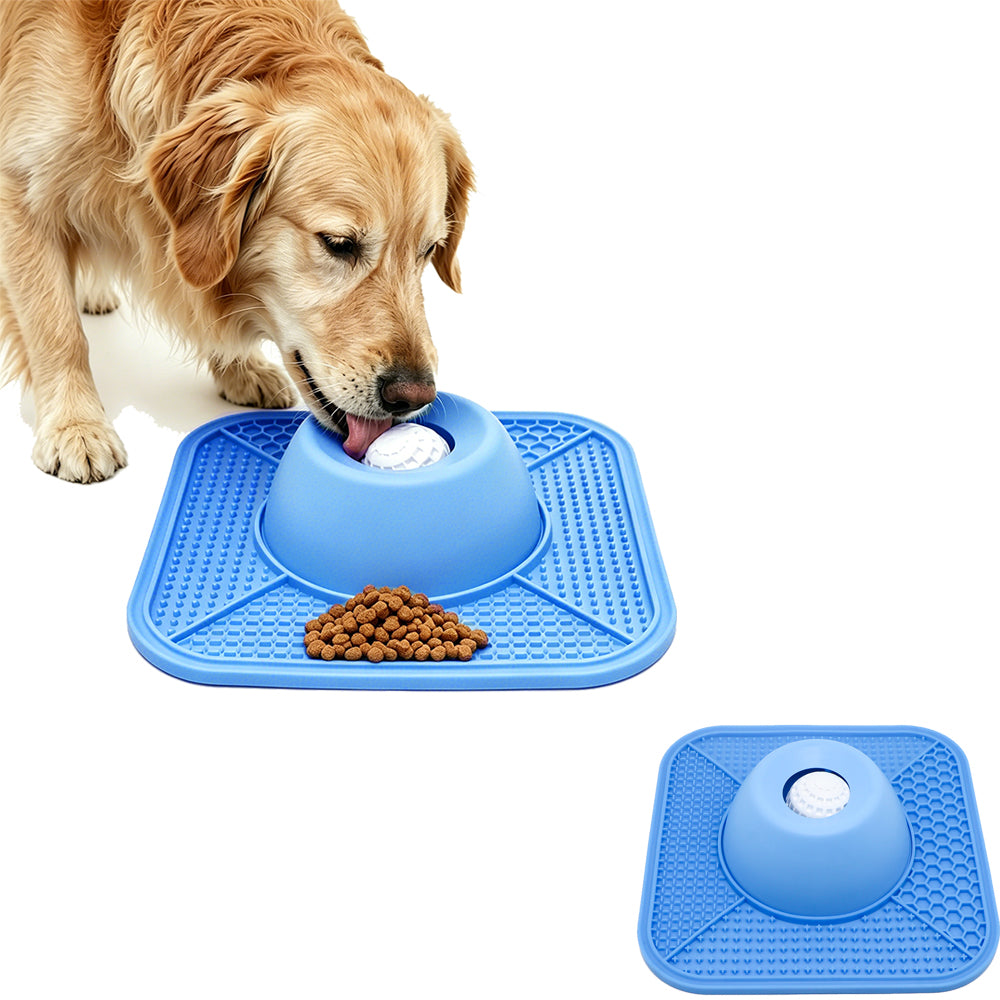 2 in 1 Dog Slow Feeder Bowl with Rolling Ball Lick Mat Non Slip Suction Cup-Blue