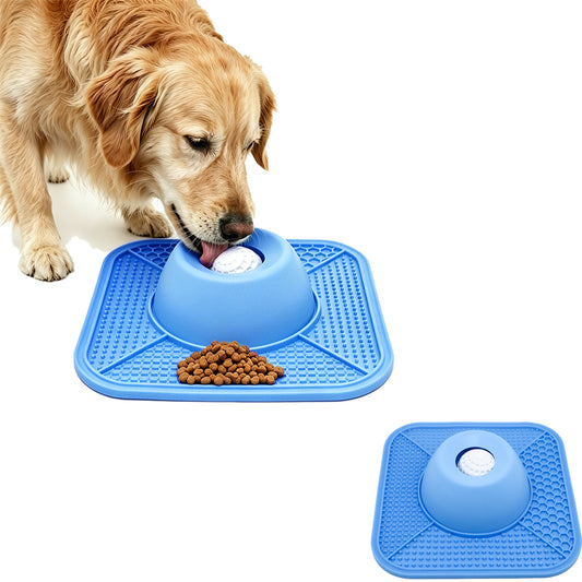 2 in 1 Dog Slow Feeder Bowl with Rolling Ball Lick Mat Non Slip Suction Cup-Blue