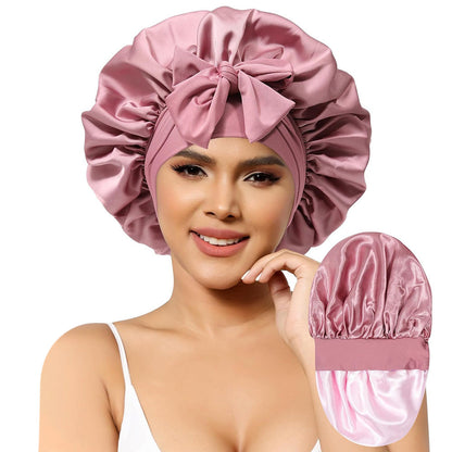 Satin Night Sleep Cap for Women Hair Bonnet with Elastic Band Pink