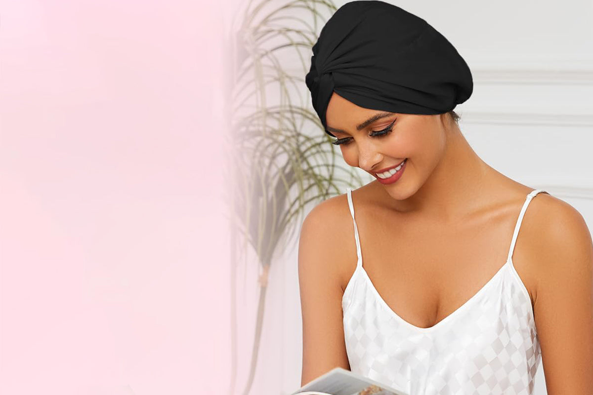 Adjustable Silk Bonnet Hair Bonnet for Women Curly Natural Braid Straight Hair-Black