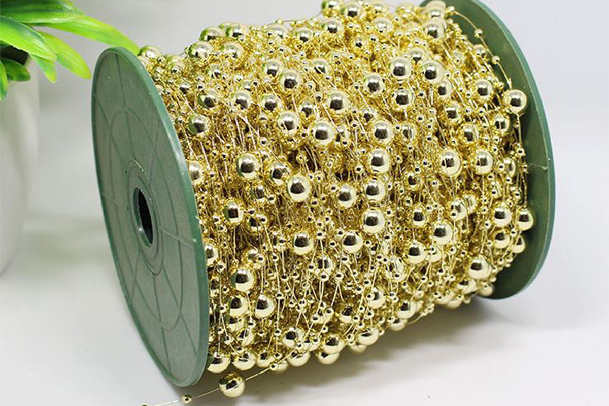 2Pcs DIY Decor Christmas Tree Artificial Pearls Chain Plastic Bead Roll String-Gold