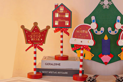 Christmas Decorations Santa Stop Here Pole Sign with LED Light Xmas Tabletop Stand Decor for Holiday Party Decorative Christmas Gift-House + Crown + Santa hat