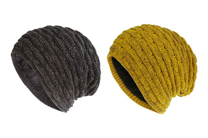 2Pcs Men Women Unisex Winter Warm Fleece Lined Slouchy Knit Beanie Hat-Black And Yellow
