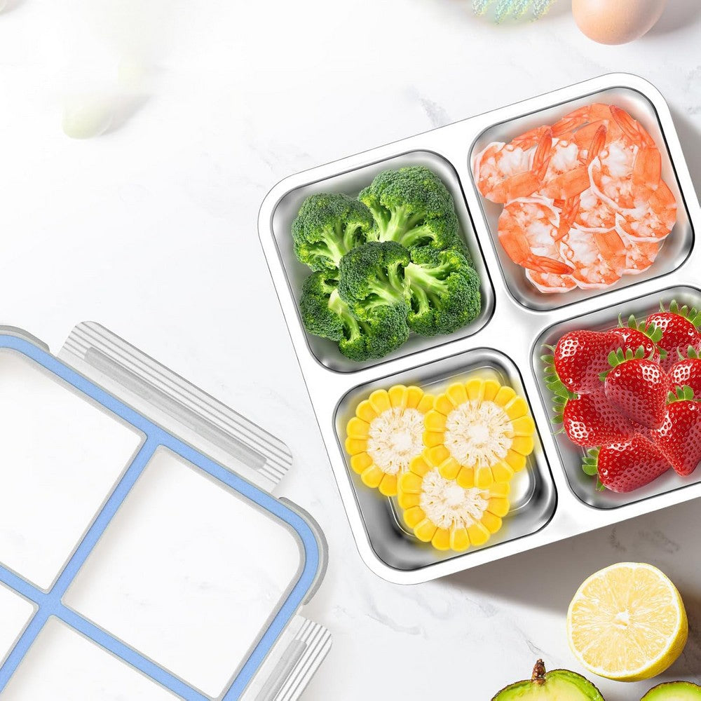 2Pcs Stainless Steel Snack Box With 4 Compartments Divided Meal Prep Container-Blue