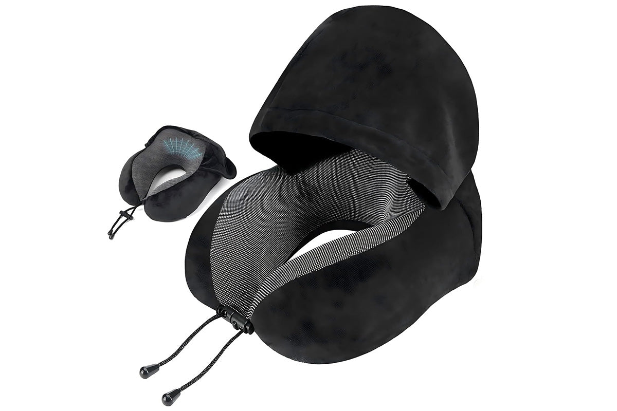 Hooded Travel Pillow with 3D Eye Masks Memory Foam Neck Pillow for Airplane Sleeping-Black