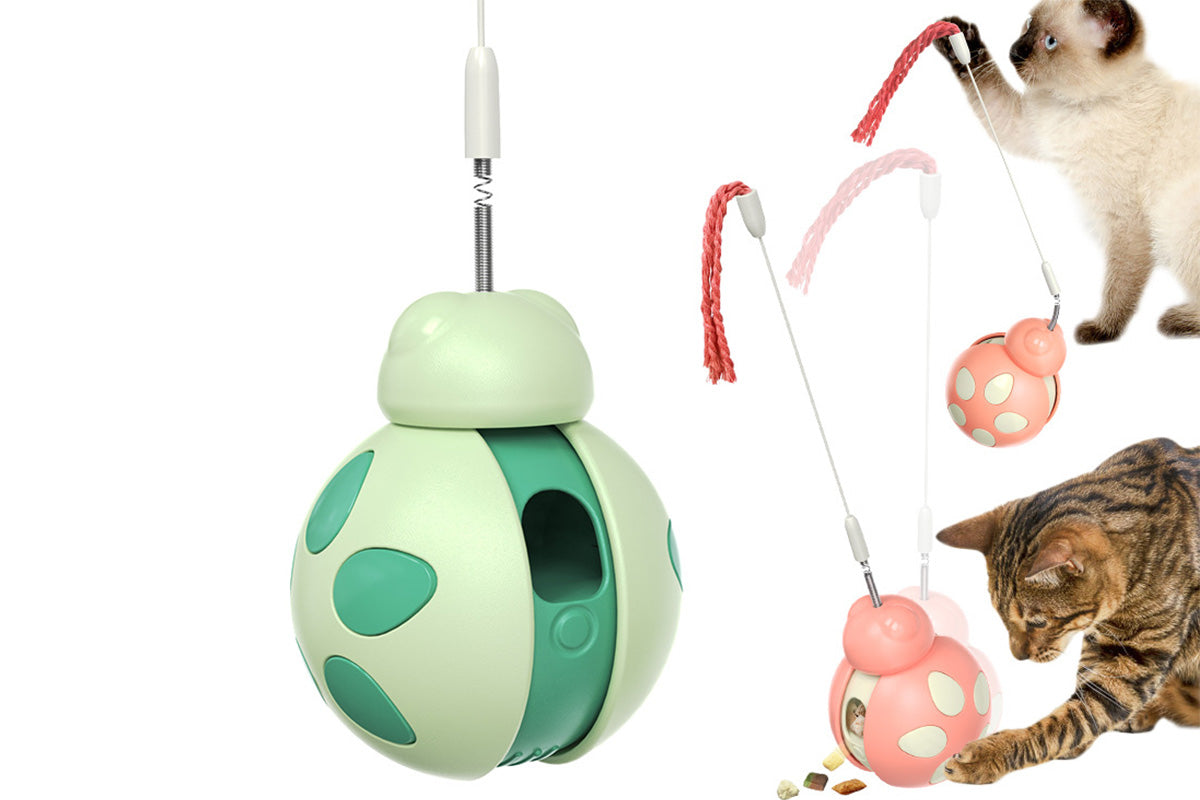 Interactive Cat Toys Tumbler Ladybug with Teaser Wand Cat Treat Dispenser Toy -Green