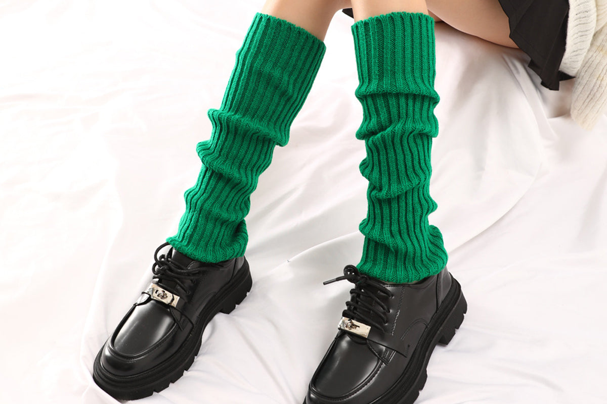 Ribbed Knit Leg Warmers Crochet Long Boot Socks - Green