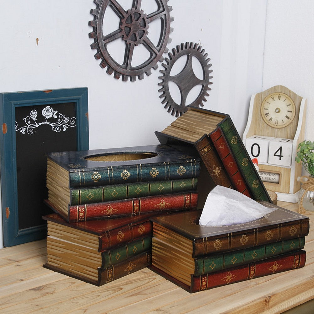 Retro Tissue Box Cover Wooden Antique Book Tissue Holder Dispenser Home Decor-Brown