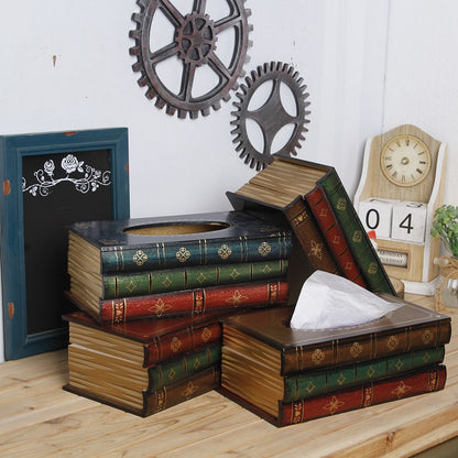 Retro Tissue Box Cover Wooden Antique Book Tissue Holder Dispenser Home Decor-Brown