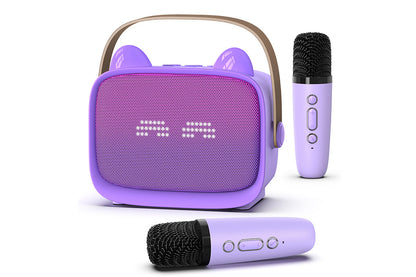Karaoke Machine Toys Gifts Portable MP3 Player with 2 Wireless Microphone -Purple