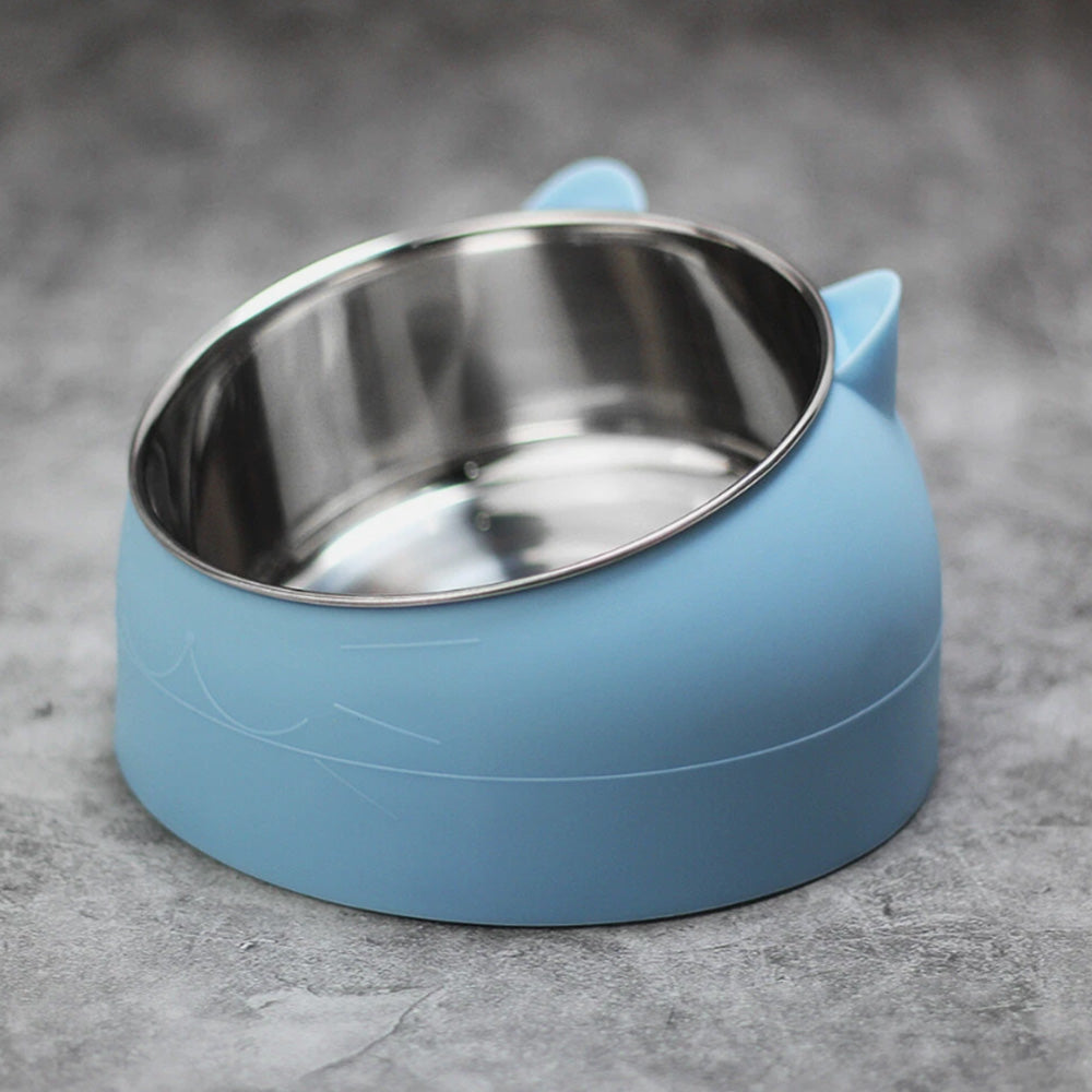 400ml Stainless Steel Tilted Pet Bowl Non-Slip Raised Feeder for Cats and Dogs-Blue