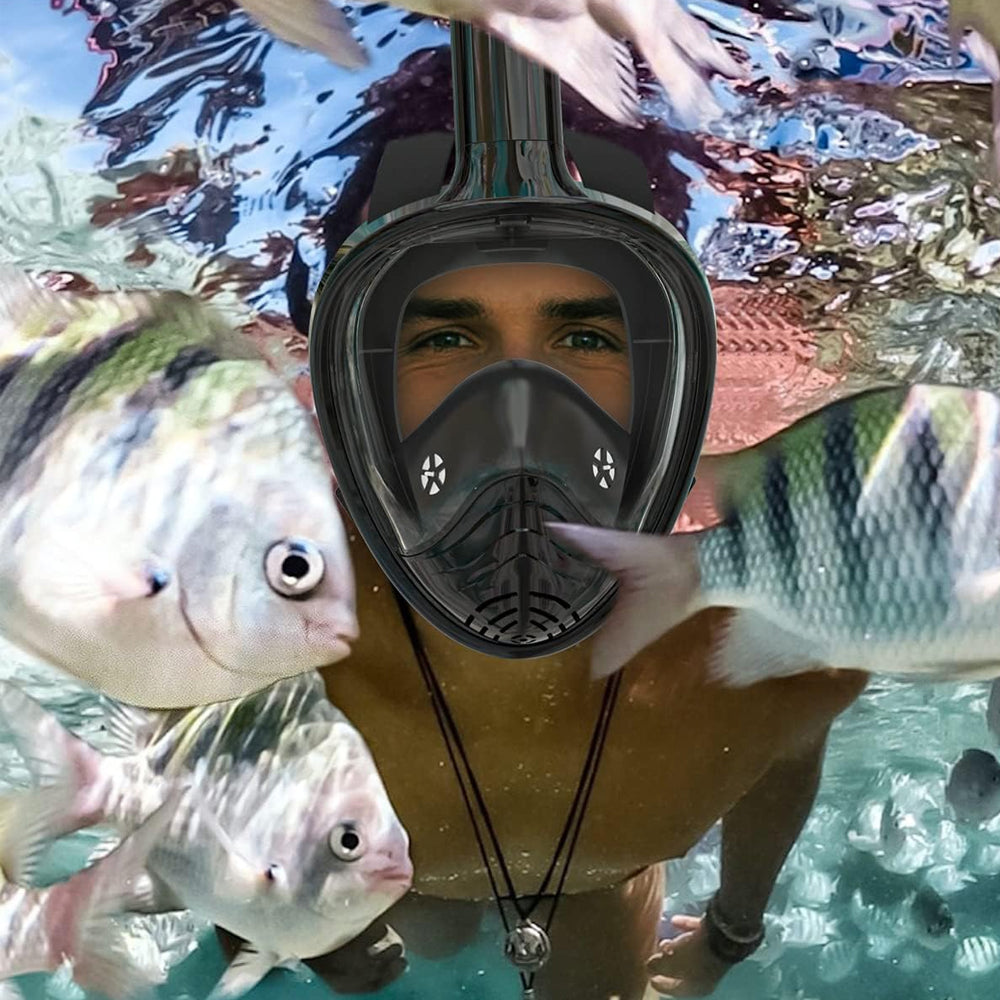 Full Face Snorkel Mask with Camera Mount  Anti-Leak Swimming Diving Mask with Waterproof Pouch Bags Black