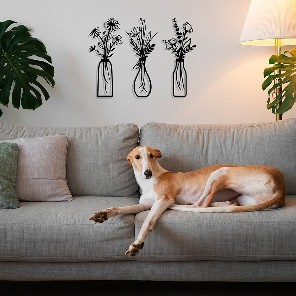 3Pcs Set Metal Flowers Wall Arts Minimalist Wall-Mount Flower Decors for Home Office Black