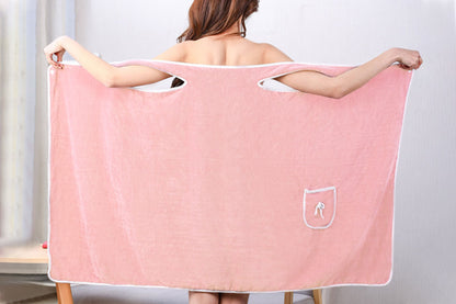 Coral Fleece Bath Towel Wearable Wrap Absorb Bathrobe With Pocket-Pink