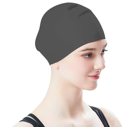 Elastic Silicone Swimming Cap Solid Color Water-resistant Ear Protection Hat Black
