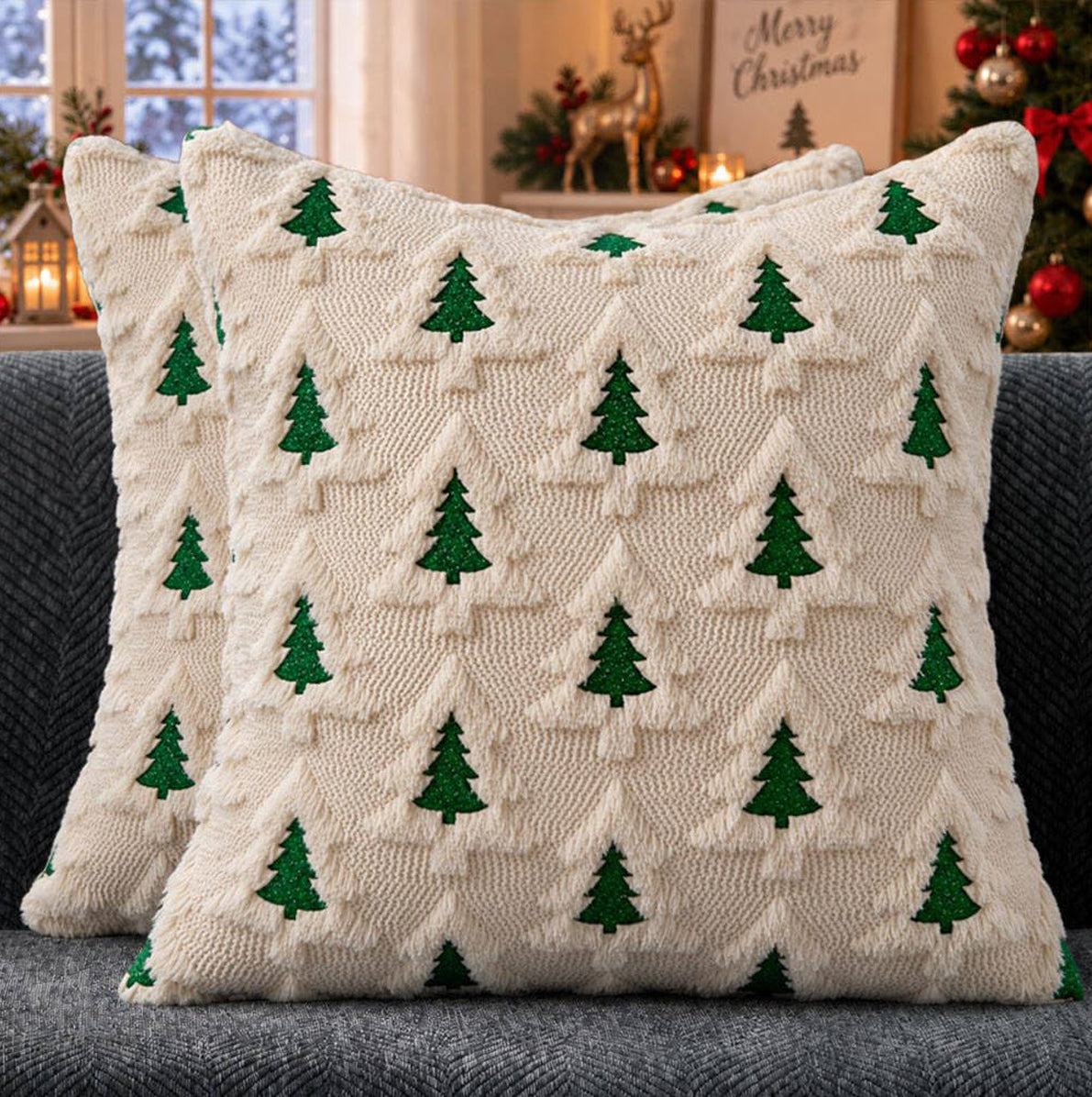 2 Pack 45x45cm Polyester Christmas Decorative Throw Pillow Covers - Green