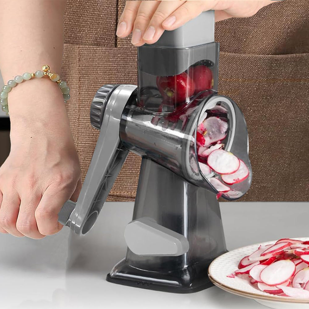 Rotary Vegetable Chopper 3-Blade Cylinder Hand-Cranked Slicer Shredder Grater-Grey