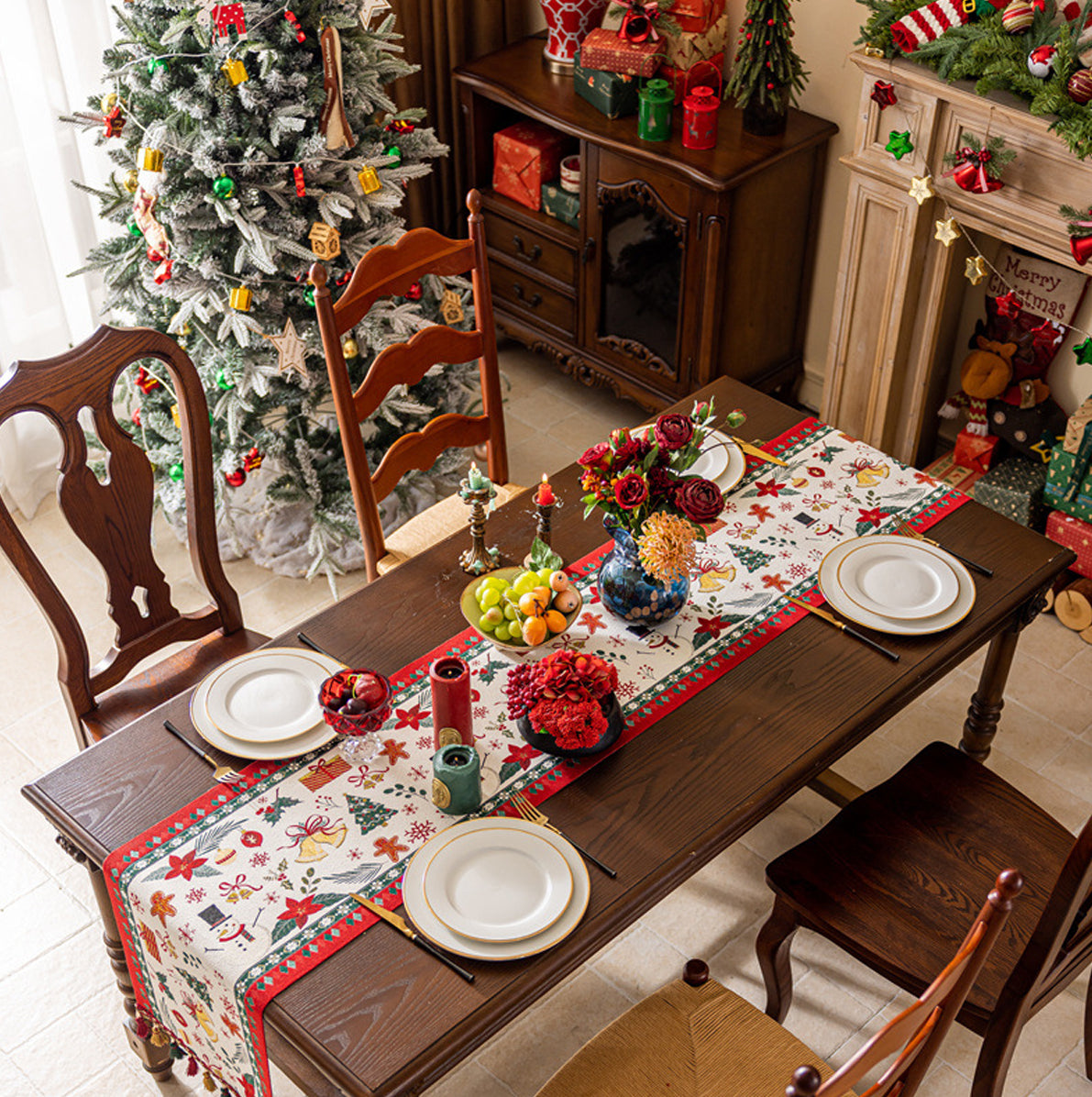 Christmas Jacquard Table Runner with Tassels - Beige