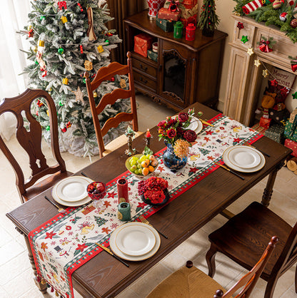 Christmas Jacquard Table Runner with Tassels - Beige