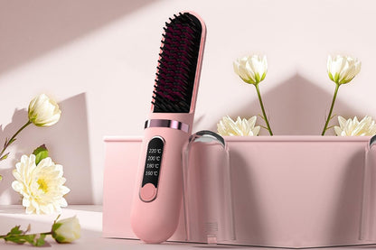 Hair Straightener Brush Anti-Scald Portable Straightening Brush Styling Tools -Pink