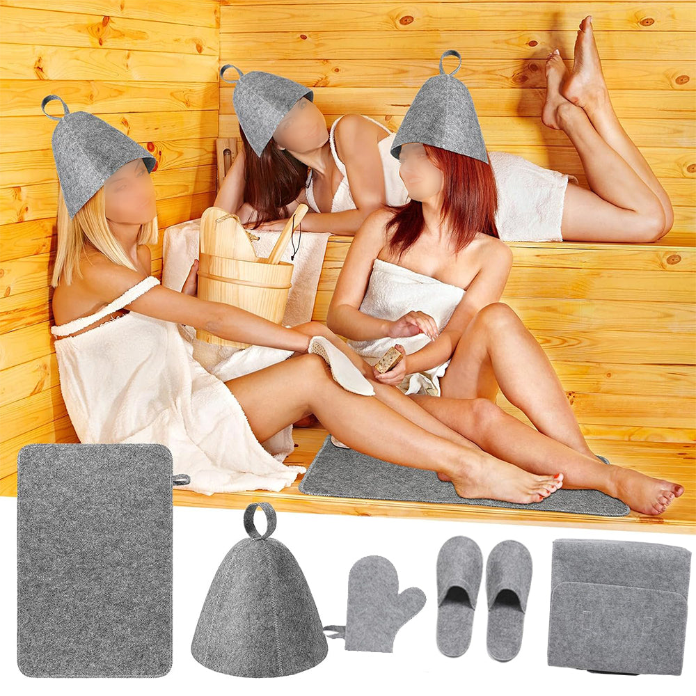 5Pcs Sauna Felt Kit with Hat and Gloves-Grey
