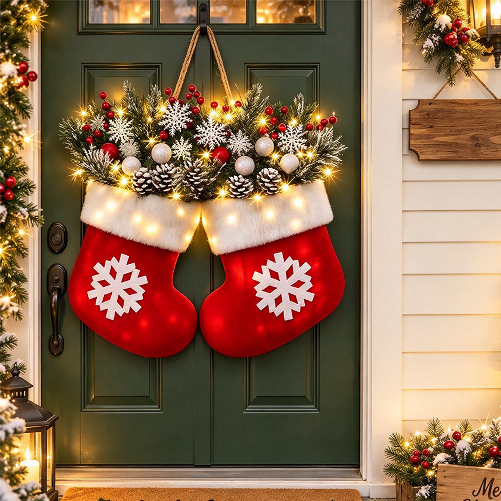 Christmas Wreath Sock Shape with Warm Light Door Hanging Decor