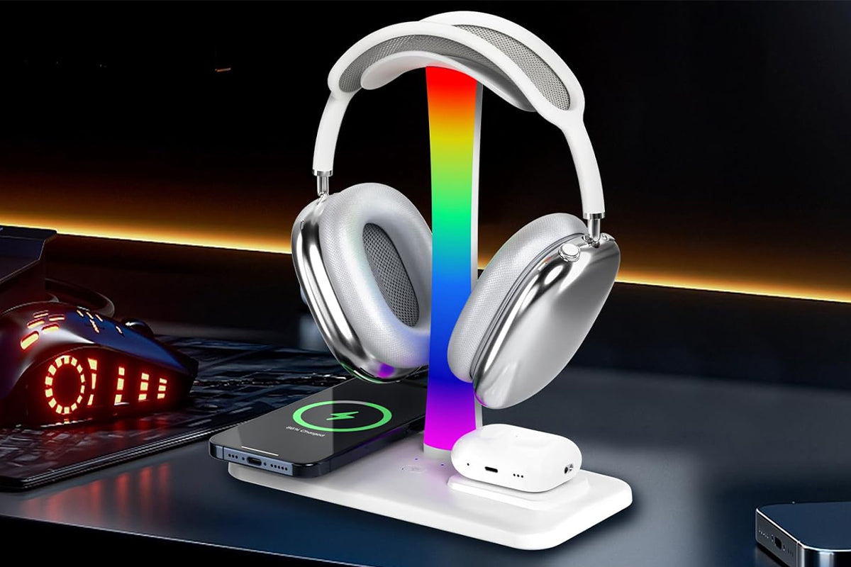 Headphone Stand with Wireless Charger Gaming Headset Stand with RGB Light for Airpod Pro iPhone Samsung -White